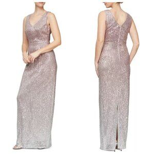 Alex & Eve Womens Sequined Polyester Evening Dress Sz 16 in Blush Silver